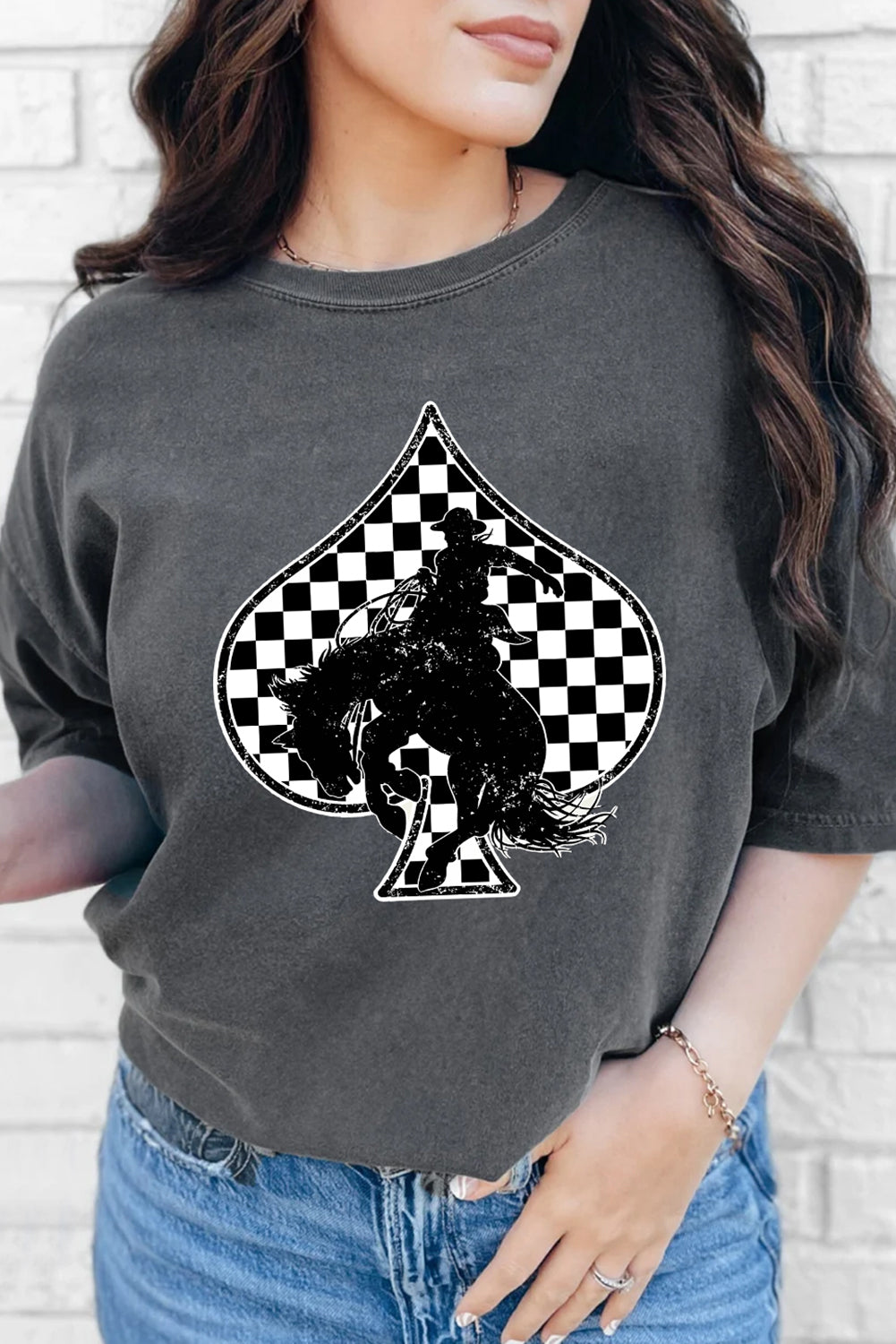 Gray Rodeo Poker T-Shirt | Western Bucking Horse Tee with Checkered Spades Graphic