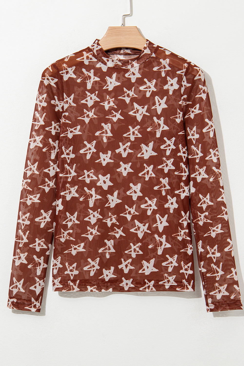 Red Mesh Star Print Mock Neck Top – Sheer Long Sleeve Slim Fit Party Shirt