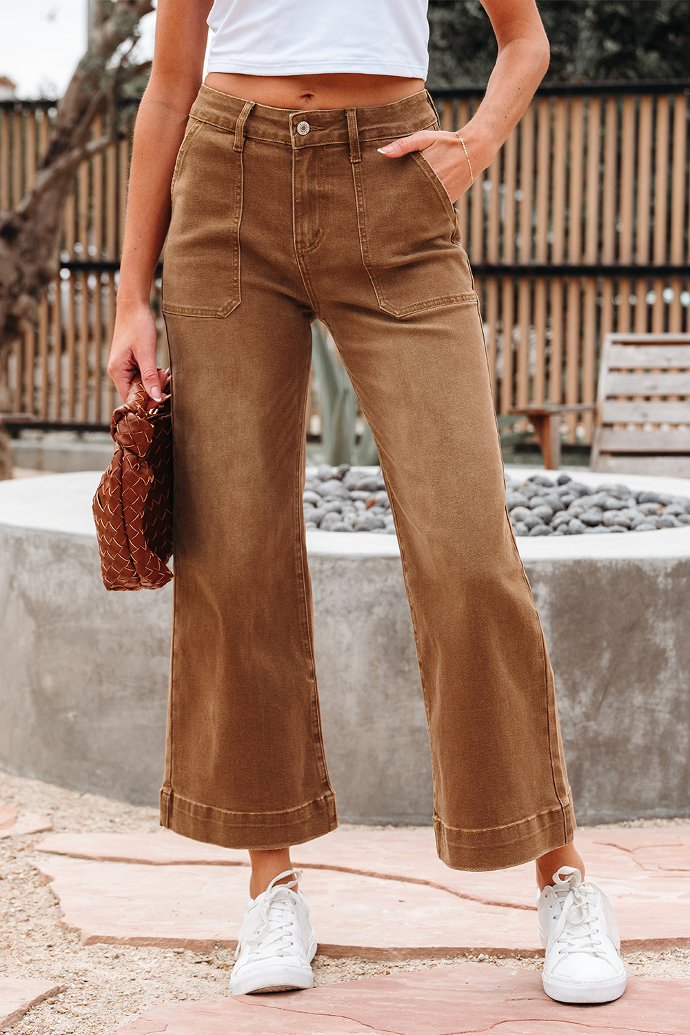 Brown Fall Cropped High Rise Wide Leg Jeans