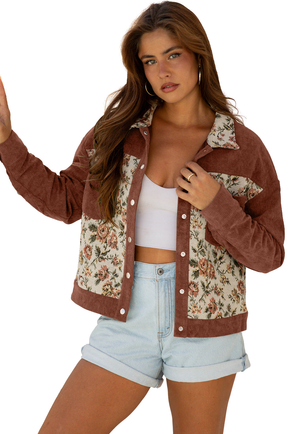 Women’s Fall Jacket – Brown Retro Floral Patchwork Western Shacket with Ribbed Texture