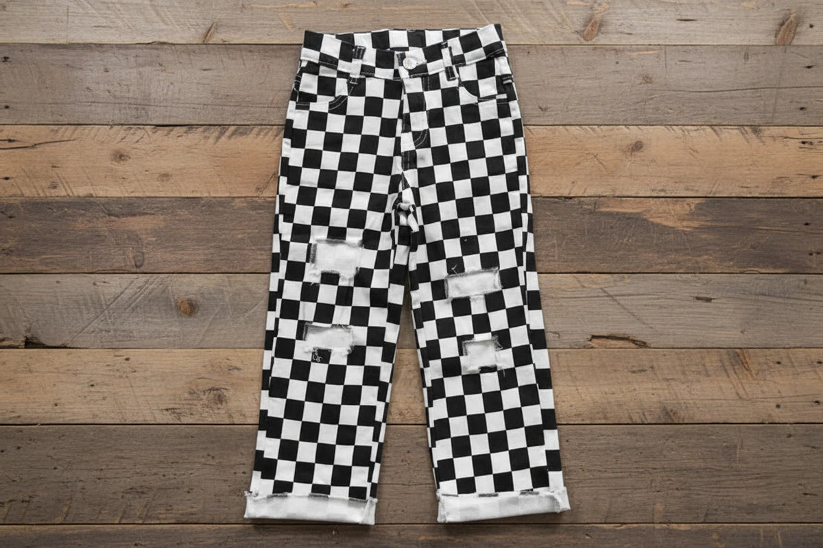 girls distressed checker jeans