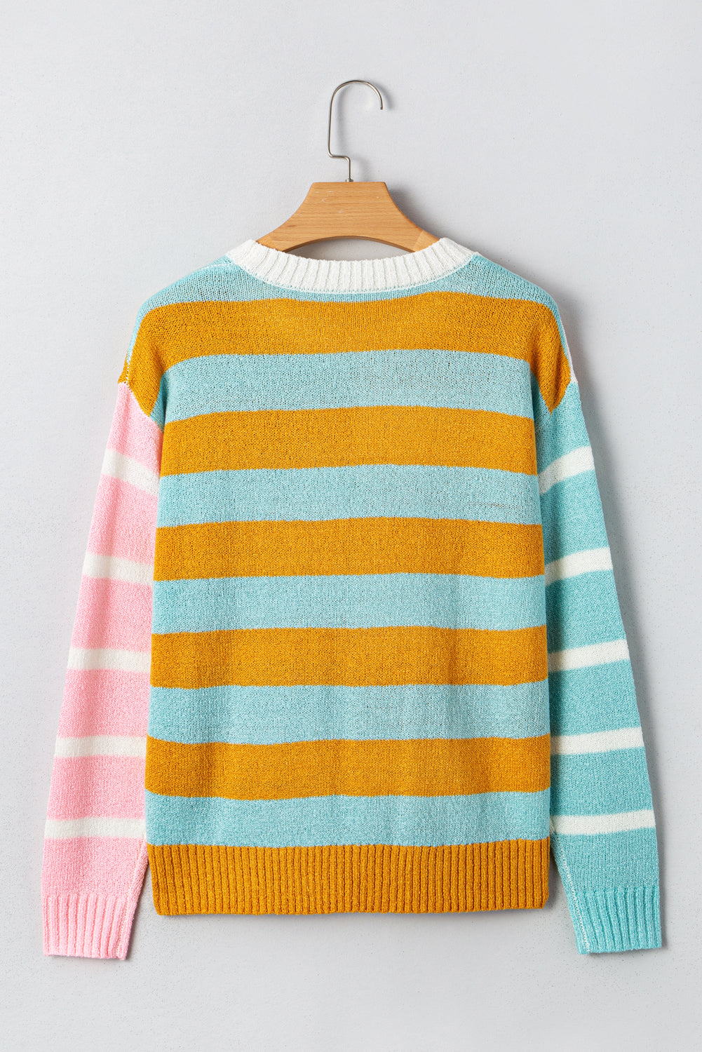 Gold Color Block Striped Sweater – Women’s Knit Crew Neck Pullover, Trendy Fall Oversized Stripe Boutique Sweater Top