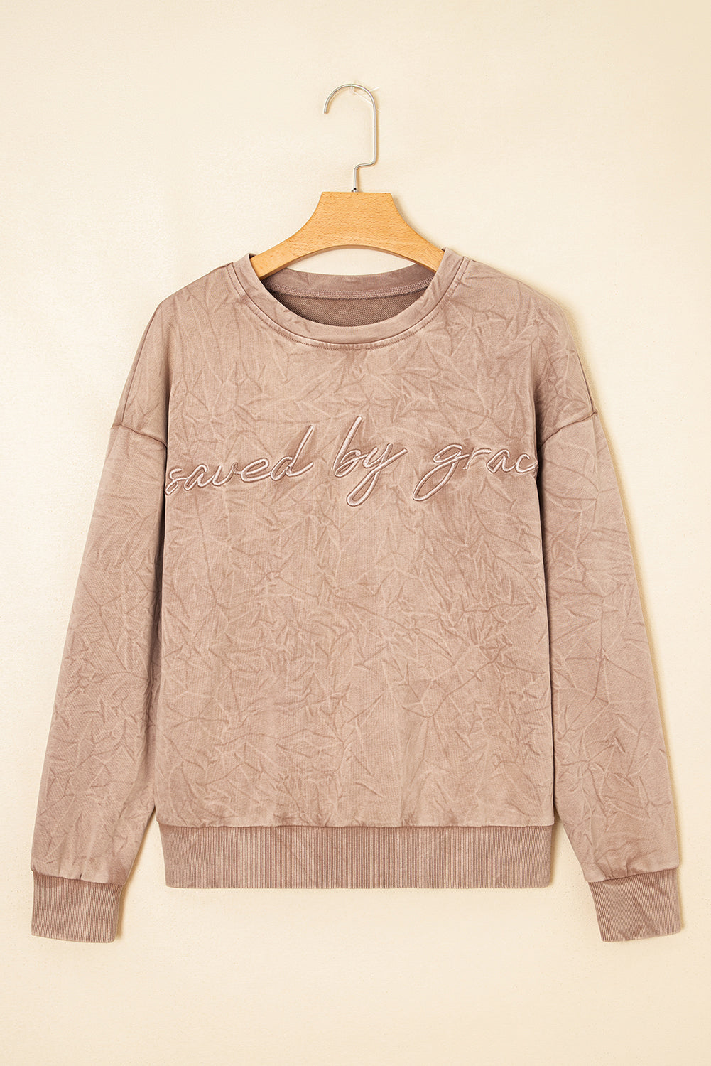 Saved by Grace Top – Embroidered Long Sleeve Mineral Wash Sweatshirt,& Christian Graphic Shirt