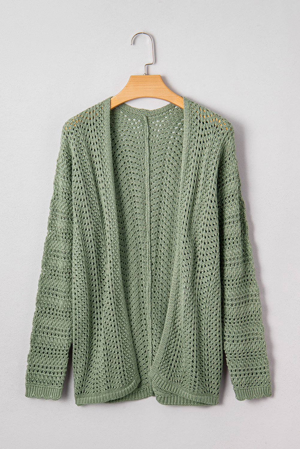 Green Batwing Sleeve Cardigan – Scalloped Edge Eyelet Knit Sweater, Lightweight Spring & Fall Layering Top
