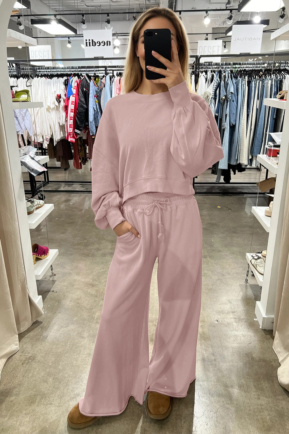 Light Pink Puff Sleeve Crop Top & Pants Set – 2 Piece Women’s Outfit, Drop Shoulder Pullover with Wide Leg Drawstring Pants
