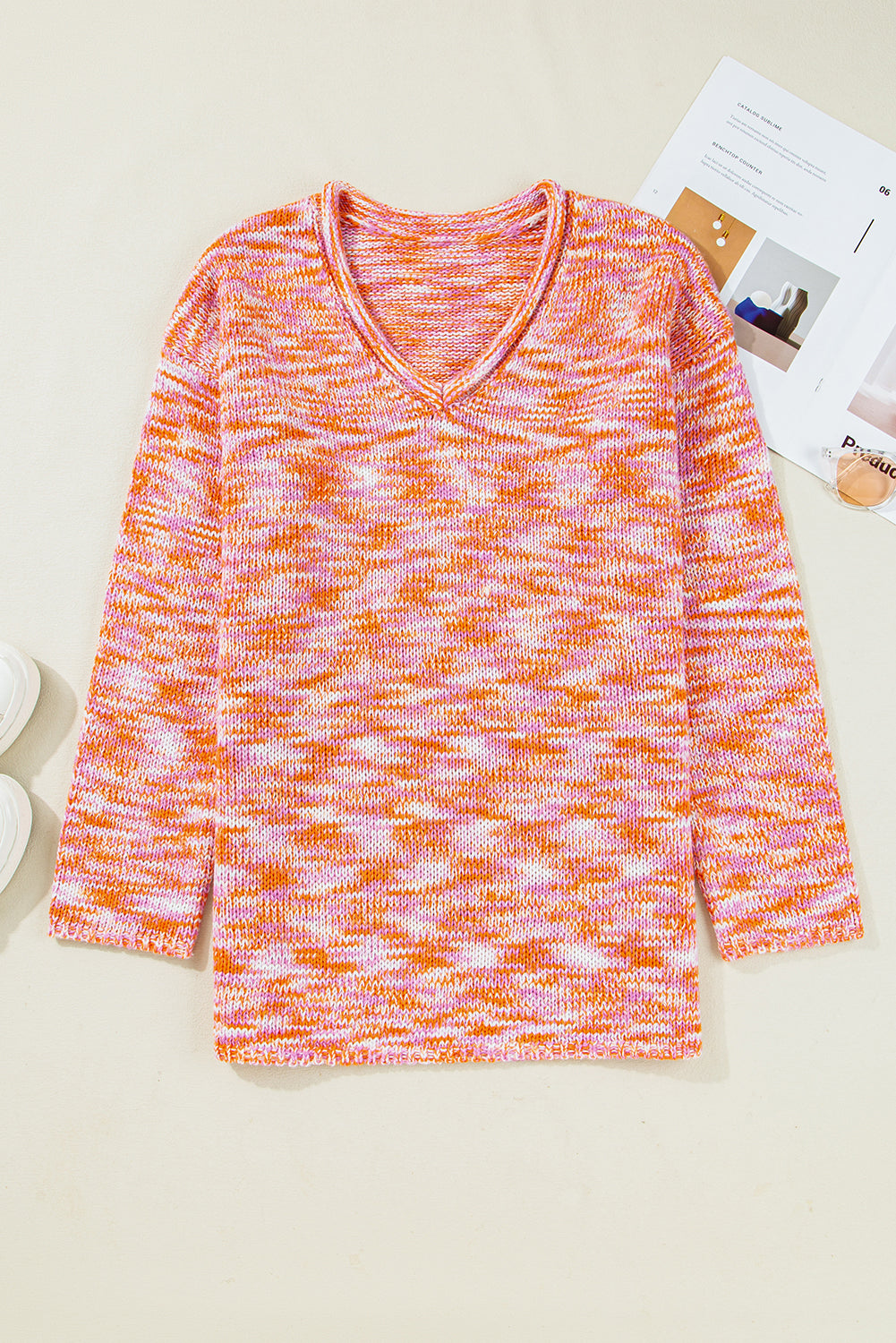 Women’s Orange Oversized Sweater – Fall Abstract Print V-Neck Drop Shoulder Tunic