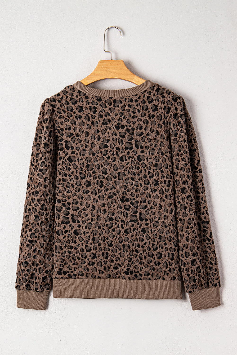 Womens Leopard Print Top, Brown Ribbed Trim Animal  Print Long Sleeve Top