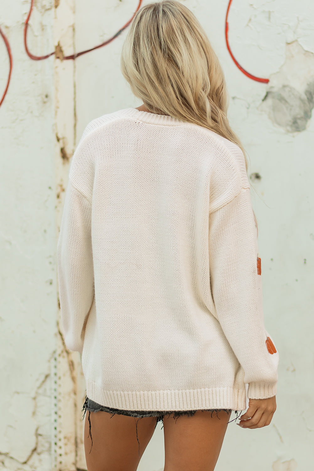 White Pumpkin Print Cardigan – Women’s Open Front Midi Sweater, Drop Shoulder Knit Fall Outfit Layering Piece