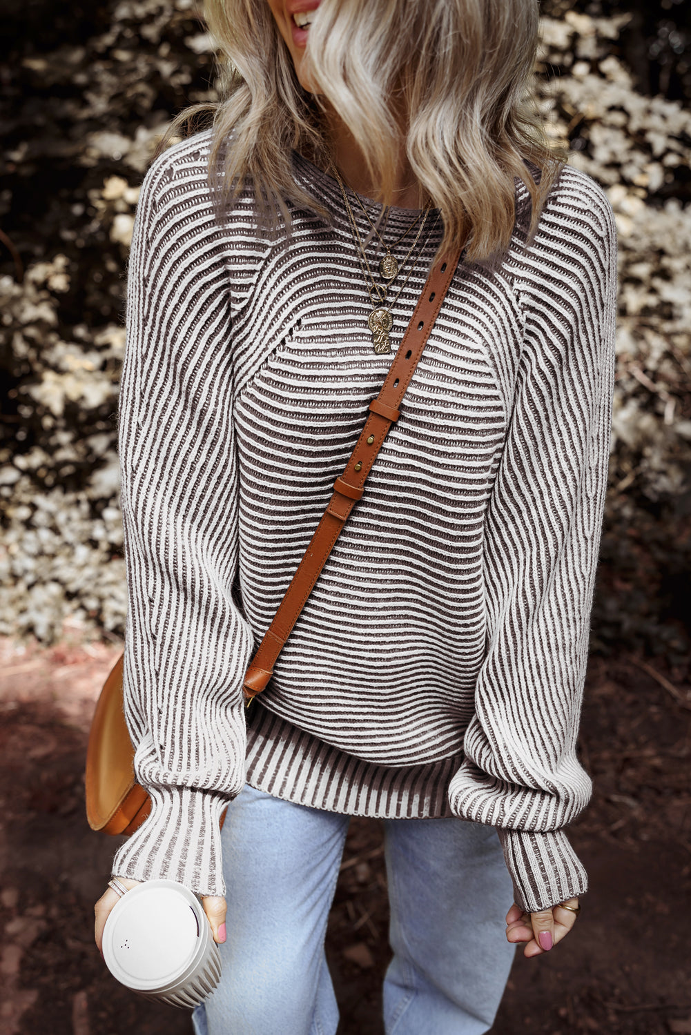 Coffee Striped Ribbed Knit Sweater, Womens Boat Neck Oversized Sweater, Cozy Baggy Striped Knit Top, Classic Ribbed Pullover