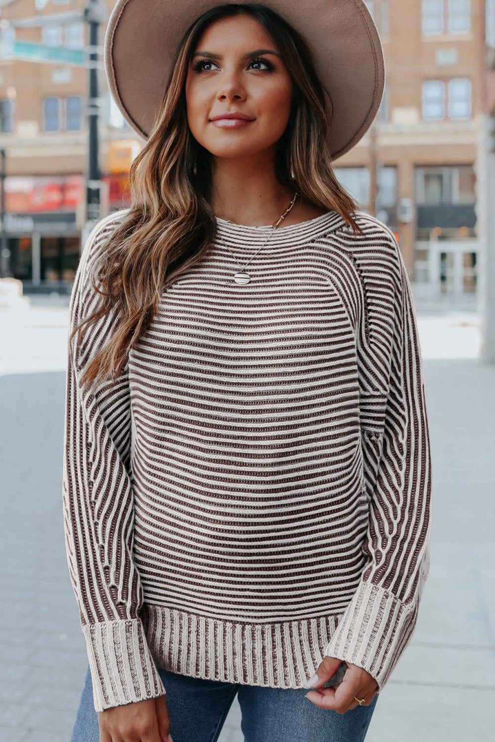 Coffee Striped Ribbed Knit Sweater, Womens Boat Neck Oversized Sweater, Cozy Baggy Striped Knit Top, Classic Ribbed Pullover