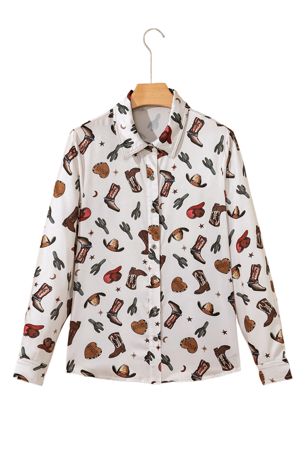 Women’s White Western Print Button Up Shirt – Cowgirl Boots Blouse, Casual Rodeo Top