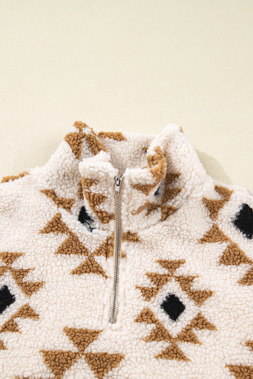 Khaki Aztec Sherpa Quarter Zip Sweatshirt – Cozy Western Print Pullover, Warm Fleece Half Zip Women’s Fall & Winter Casual Top