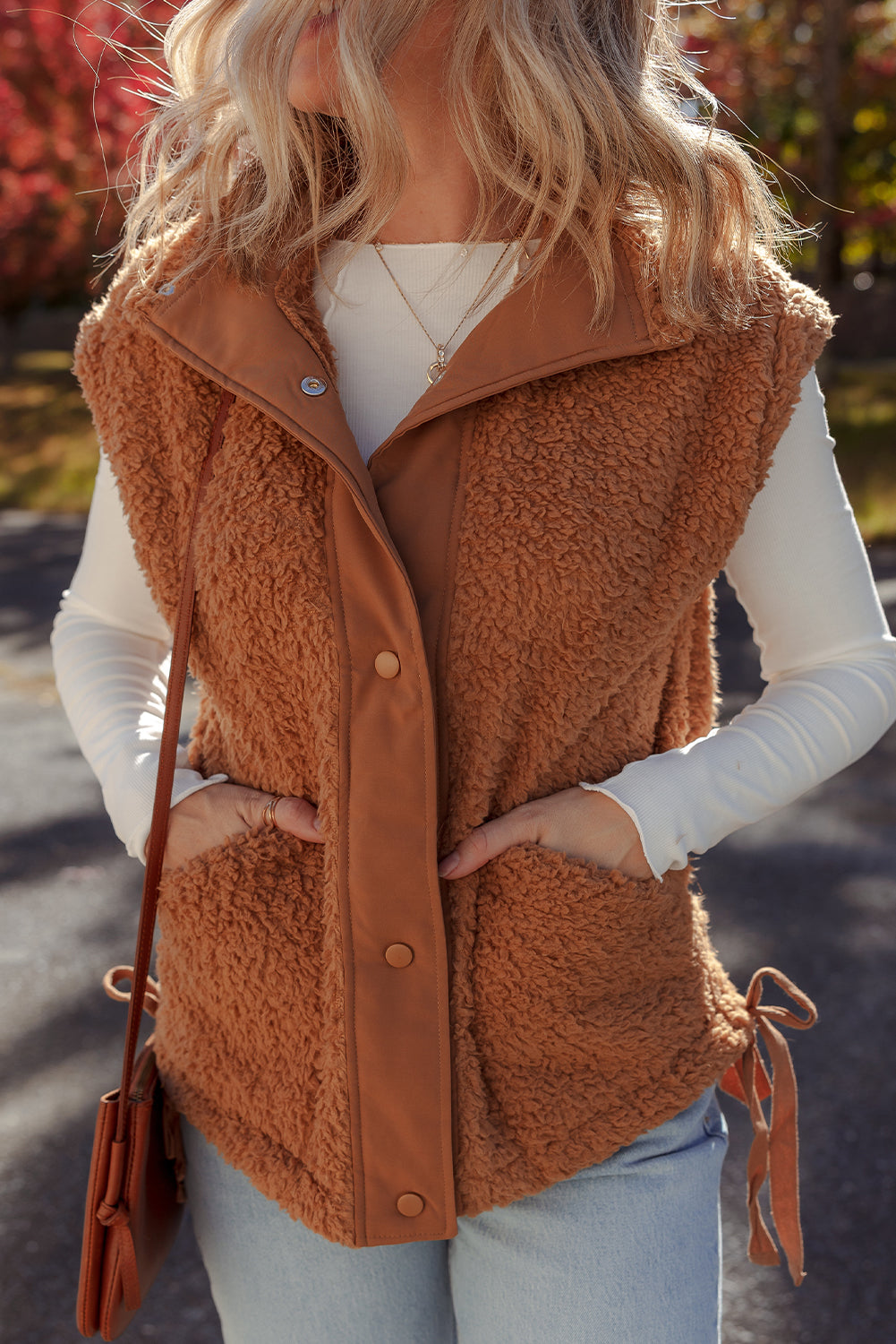 Cinnamon Faux Fur Vest – Snap Button Front Knot Side Plush Vest with Pockets, Cozy Layering Women’s Fall & Winter Fashion Outerwear