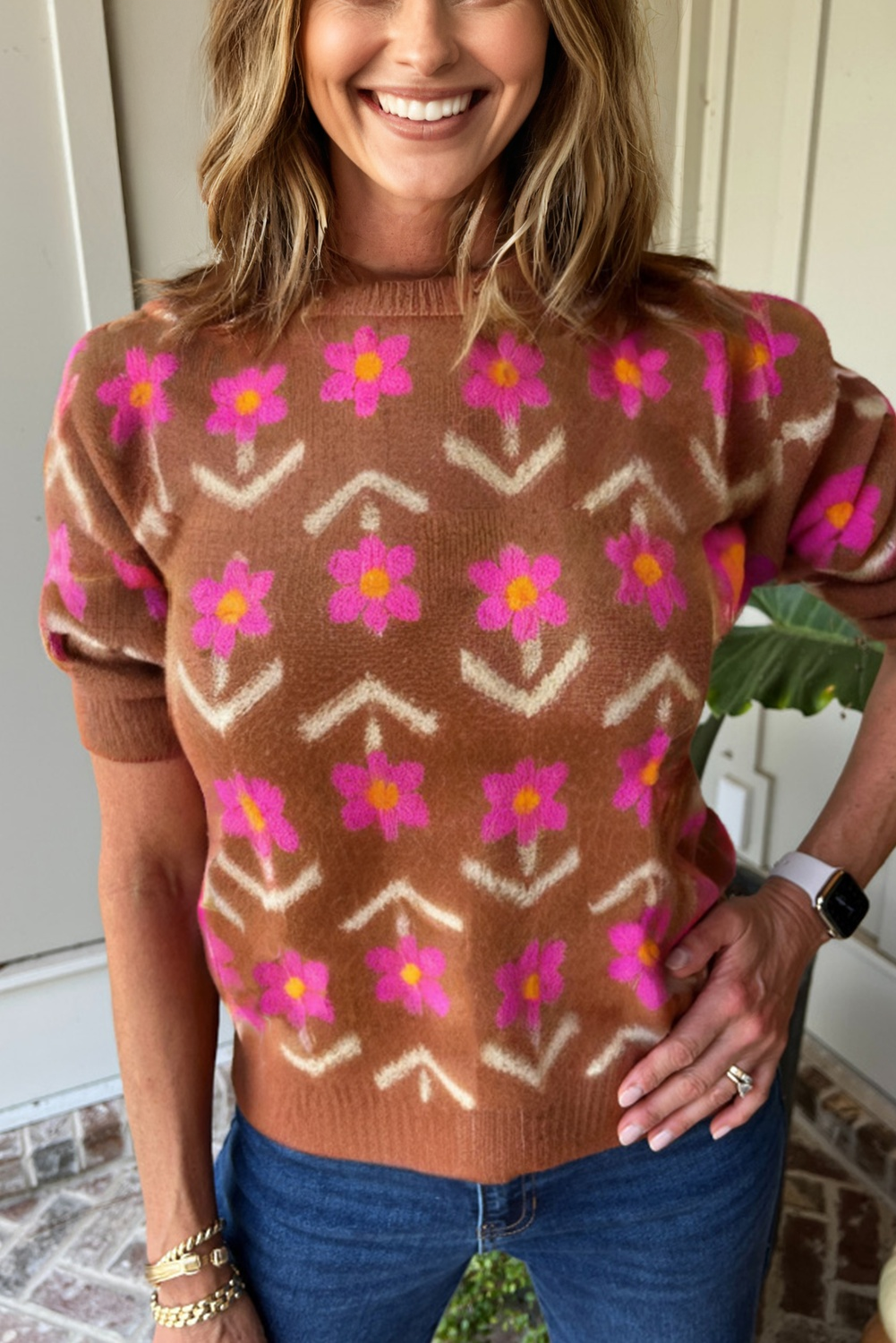 Women’s Fall Floral Sweater | Brown &amp; Pink Short Puff Sleeve Knit Top