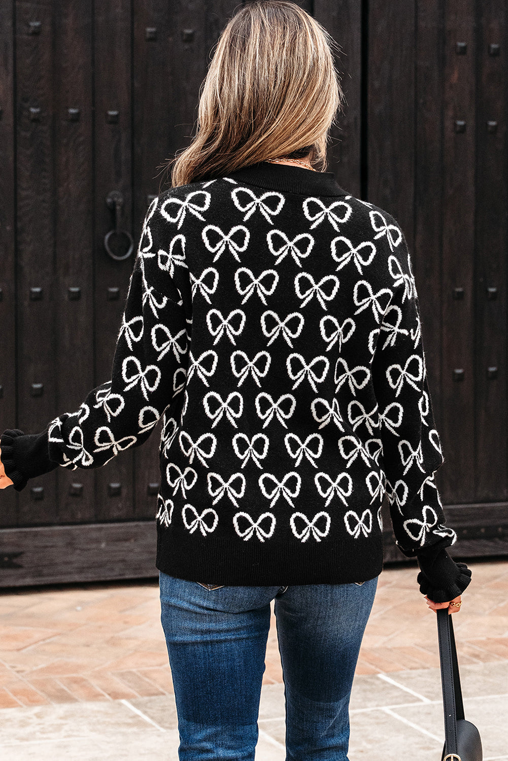 Black Bow Sweater – Women’s Drop Shoulder Knit Pullover with White Bow Detail, Zip Collar Cozy Boutique Sweater Top