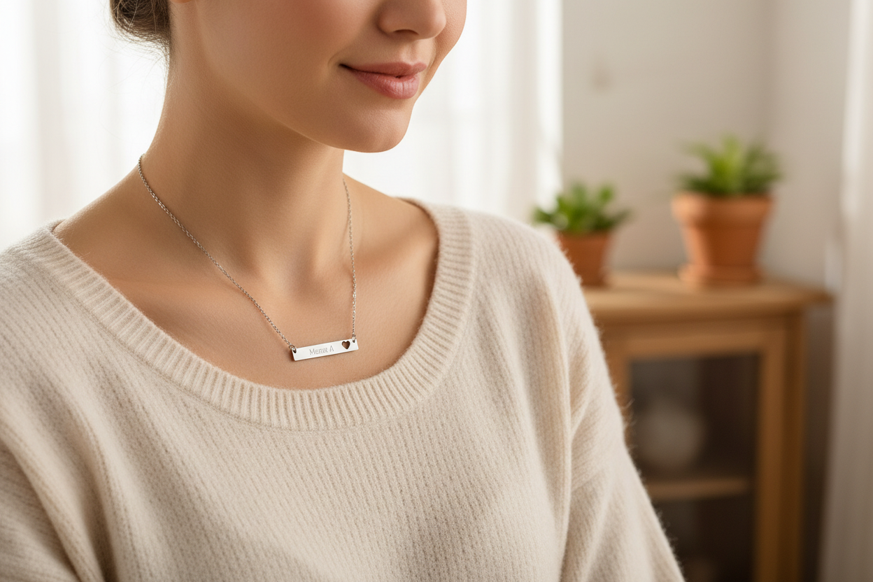 personalized, engraved gift for mom, daughter, Silver necklace with 'Mama A' engraving on a white background