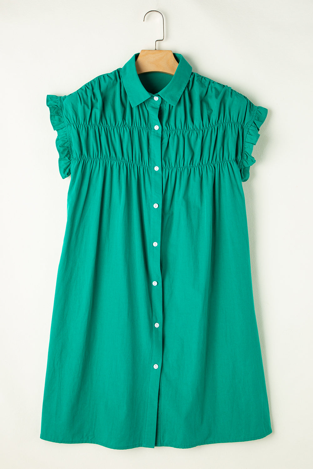 Bright Green Shirred Ruffle Sleeve Button Up Short Dress Bright Green / M / 100%Cotton Bright Green Shirred Ruffle Sleeve Button Up Short Dress Bright Green / M / 100%Cotton