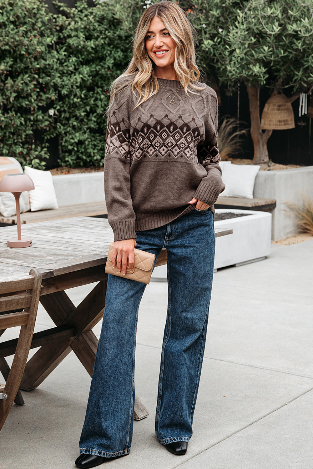 Womens Beige Western Geometric Sweater – Southwestern Knit Crew Neck, Chunky Fall Pullover