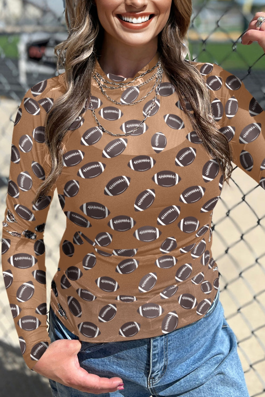 Brown Football Mesh Top, Womens Game Day Sheer Long Sleeve Shirt, Sexy Mock Neck Football Print Top, Sporty Tailgate Outfit