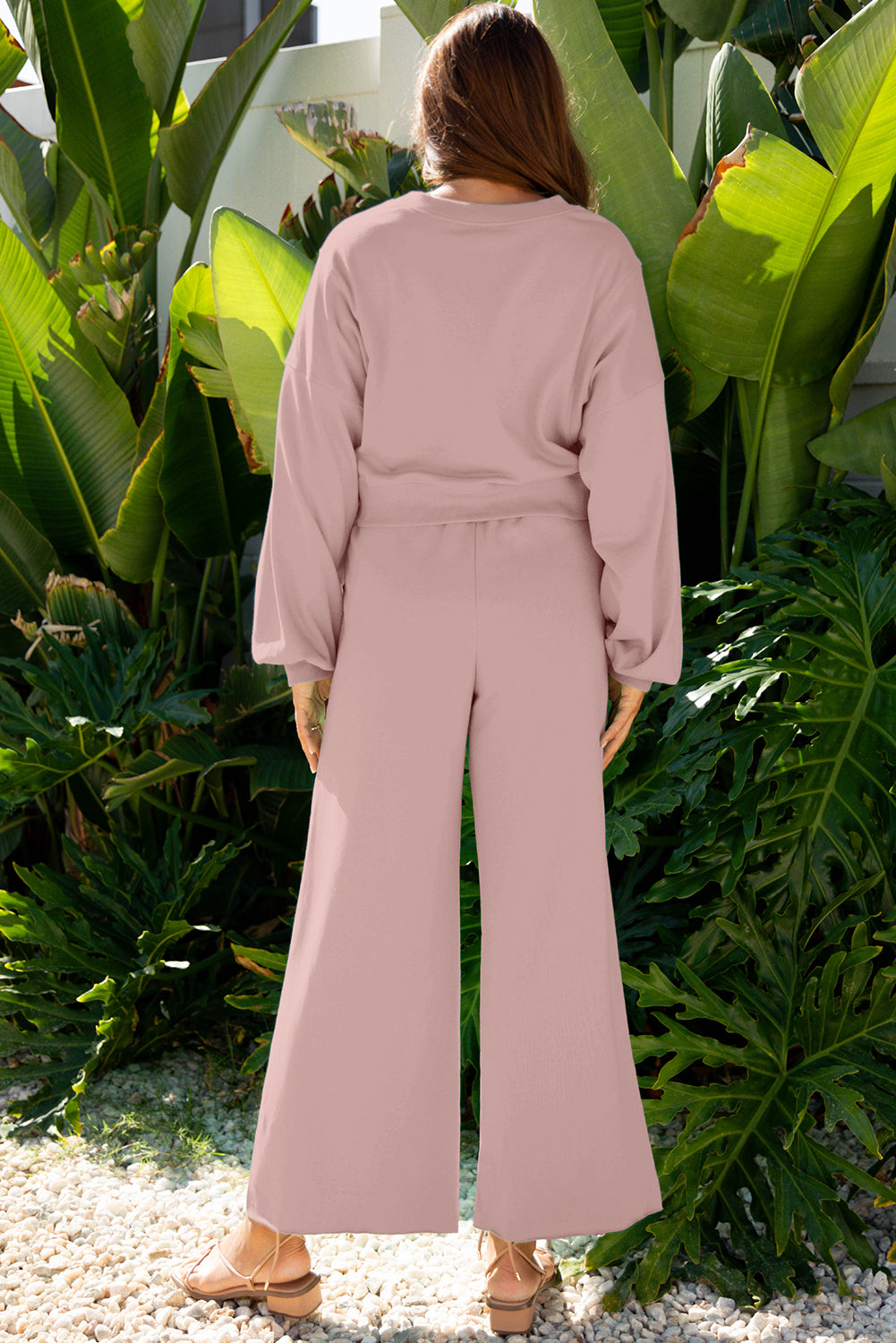 Light Pink Puff Sleeve Crop Top & Pants Set – 2 Piece Women’s Outfit, Drop Shoulder Pullover with Wide Leg Drawstring Pants