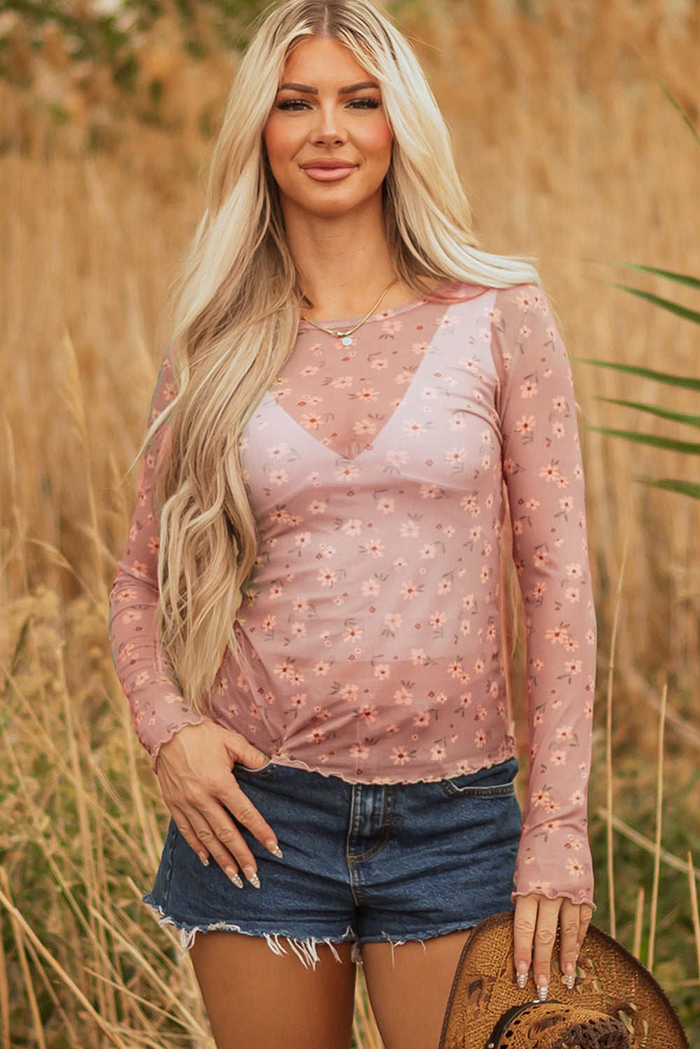 Pink Floral Mesh Top – Vintage Southern Style Long Sleeve Slim Fit Shirt with Lettuce Trim