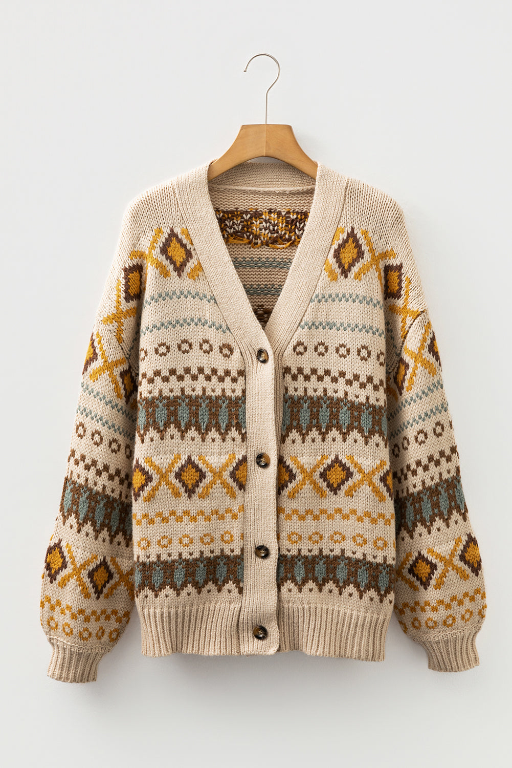 Women’s Western Cardigan Sweater – Khaki Aztec Knit V-Neck Button-Up