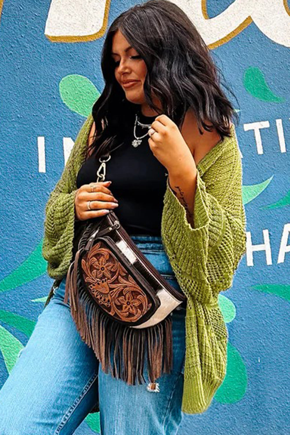 Women’s Fall Cardigan | Oversized Spinach Green Crochet Knit Open Front Sweater