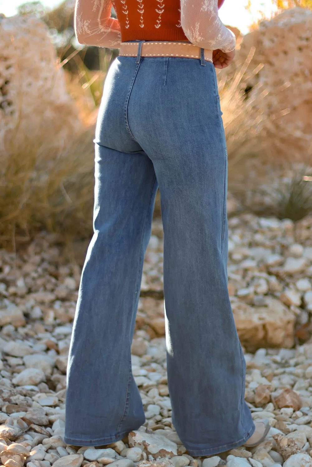 Blue Multi-Button Wide Leg Jeans – Women’s High Waist Stretch Denim with Pockets