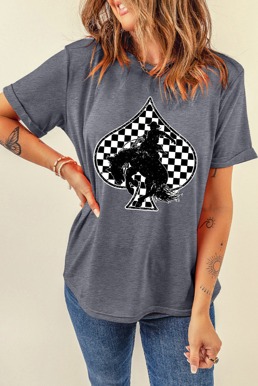 Gray Rodeo Poker T-Shirt | Western Bucking Horse Tee with Checkered Spades Graphic