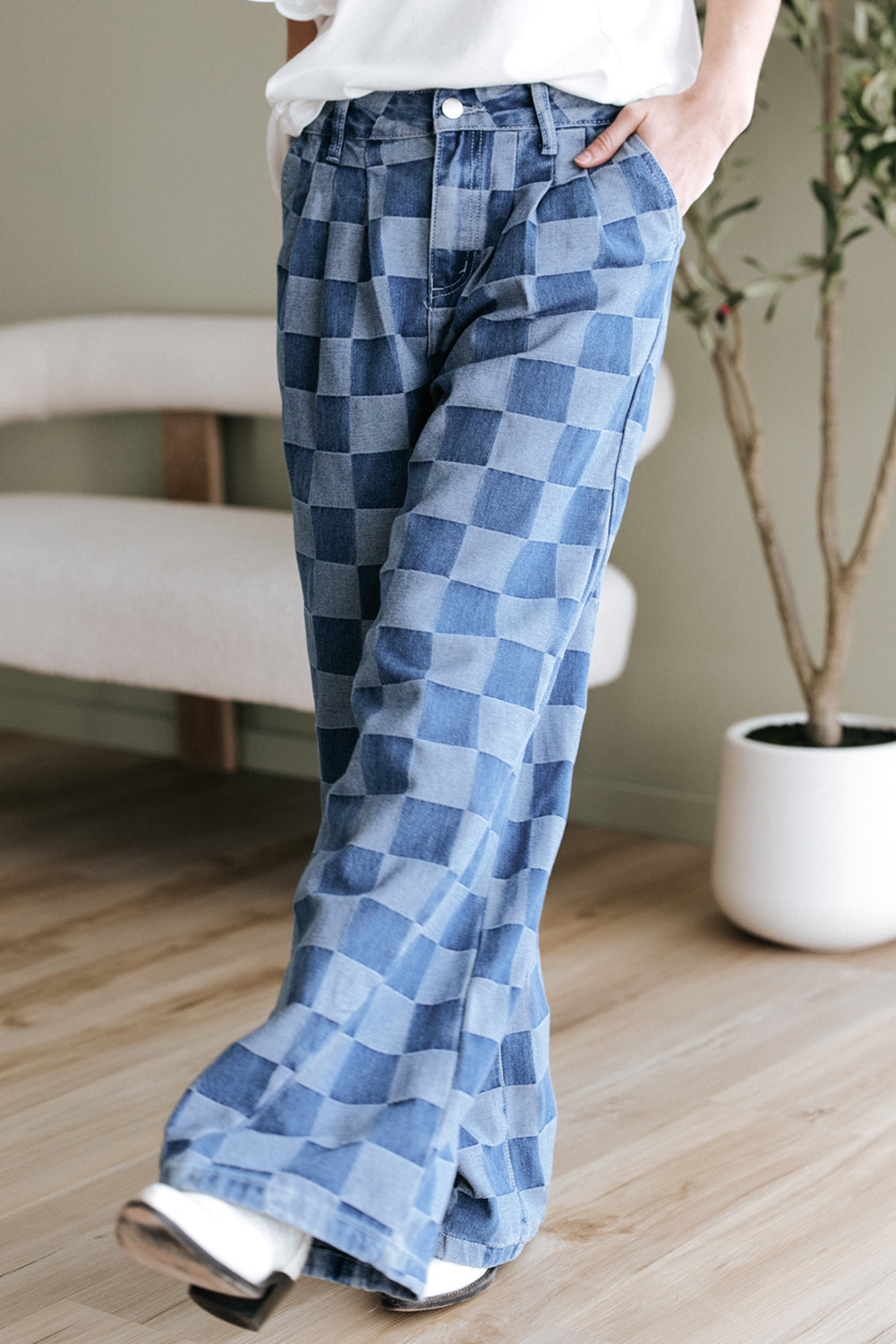Blue Checkered Wide Leg Jeans – Retro Plaid Denim Pants, Women’s Casual High Waist Wide Leg Jeans with Pleats