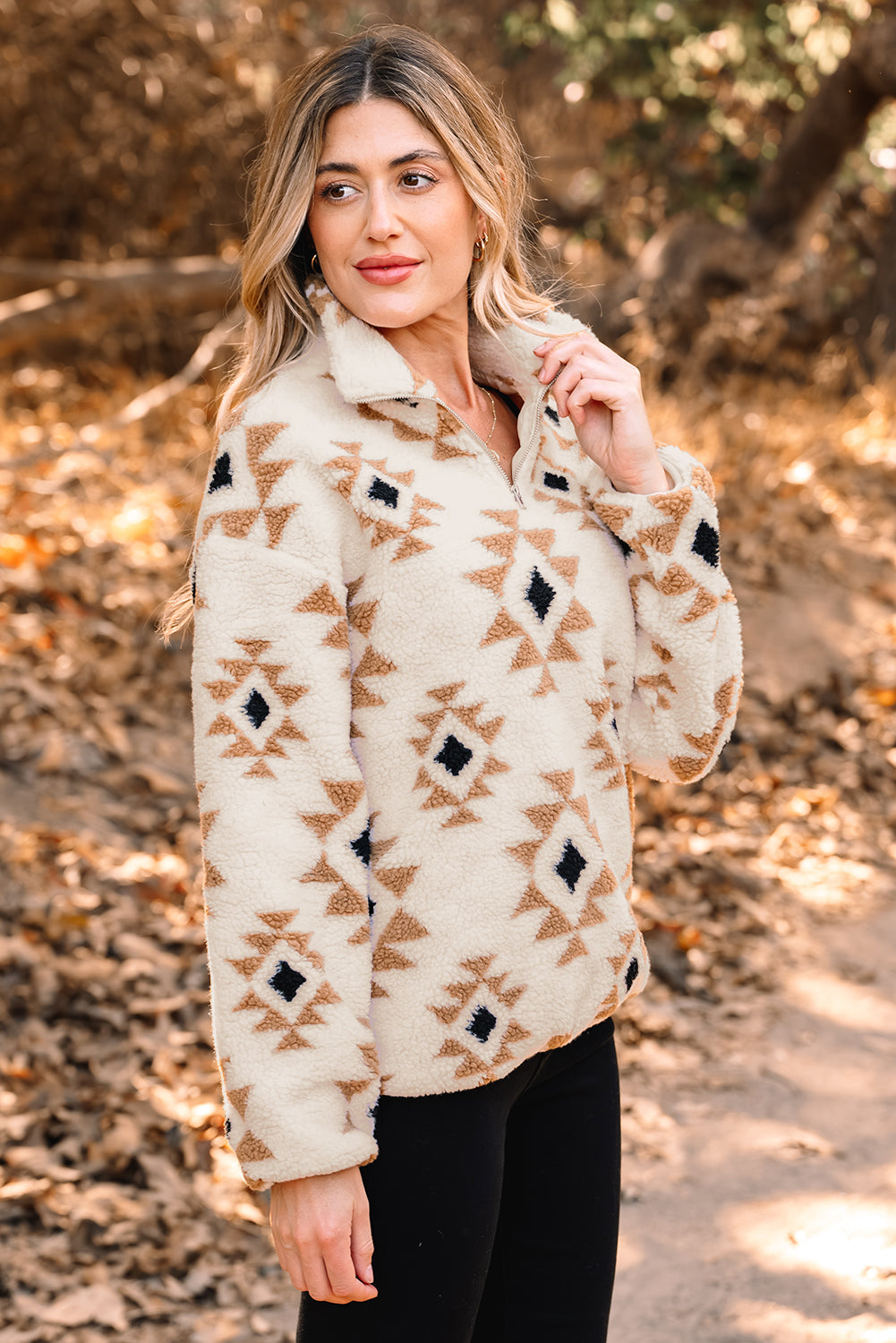 Khaki Aztec Sherpa Quarter Zip Sweatshirt – Cozy Western Print Pullover, Warm Fleece Half Zip Women’s Fall & Winter Casual Top