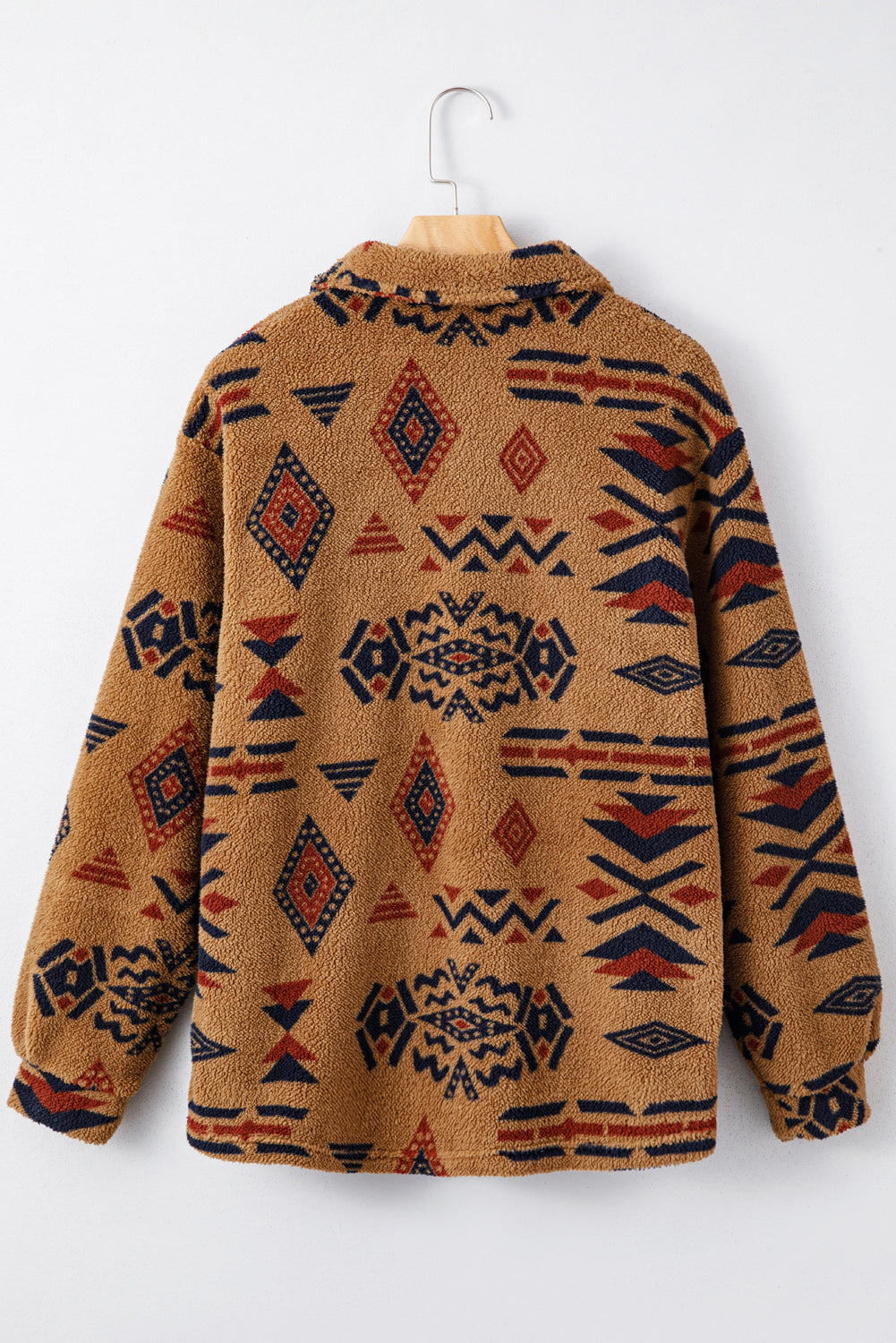 Khaki Aztec Fleece Shacket – Western Button Front Jacket Shirt with Pockets, Cozy Fall & Winter Layering Top