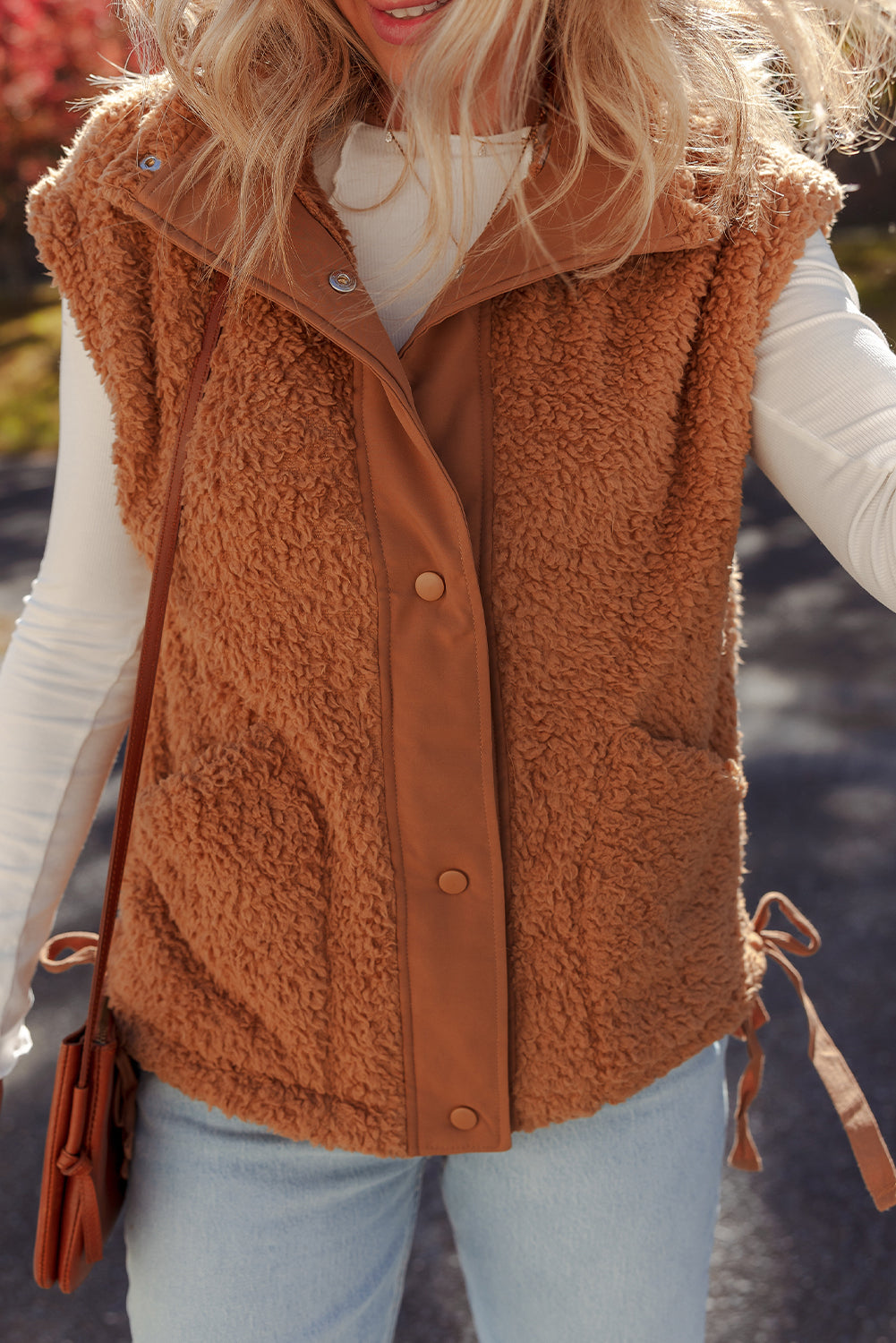 Cinnamon Faux Fur Vest – Snap Button Front Knot Side Plush Vest with Pockets, Cozy Layering Women’s Fall & Winter Fashion Outerwear