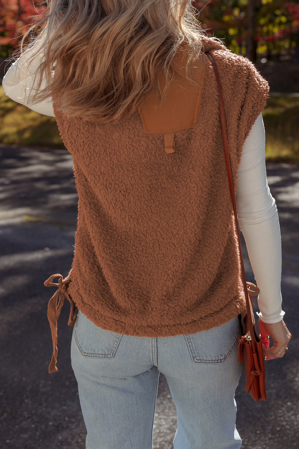 Cinnamon Faux Fur Vest – Snap Button Front Knot Side Plush Vest with Pockets, Cozy Layering Women’s Fall & Winter Fashion Outerwear