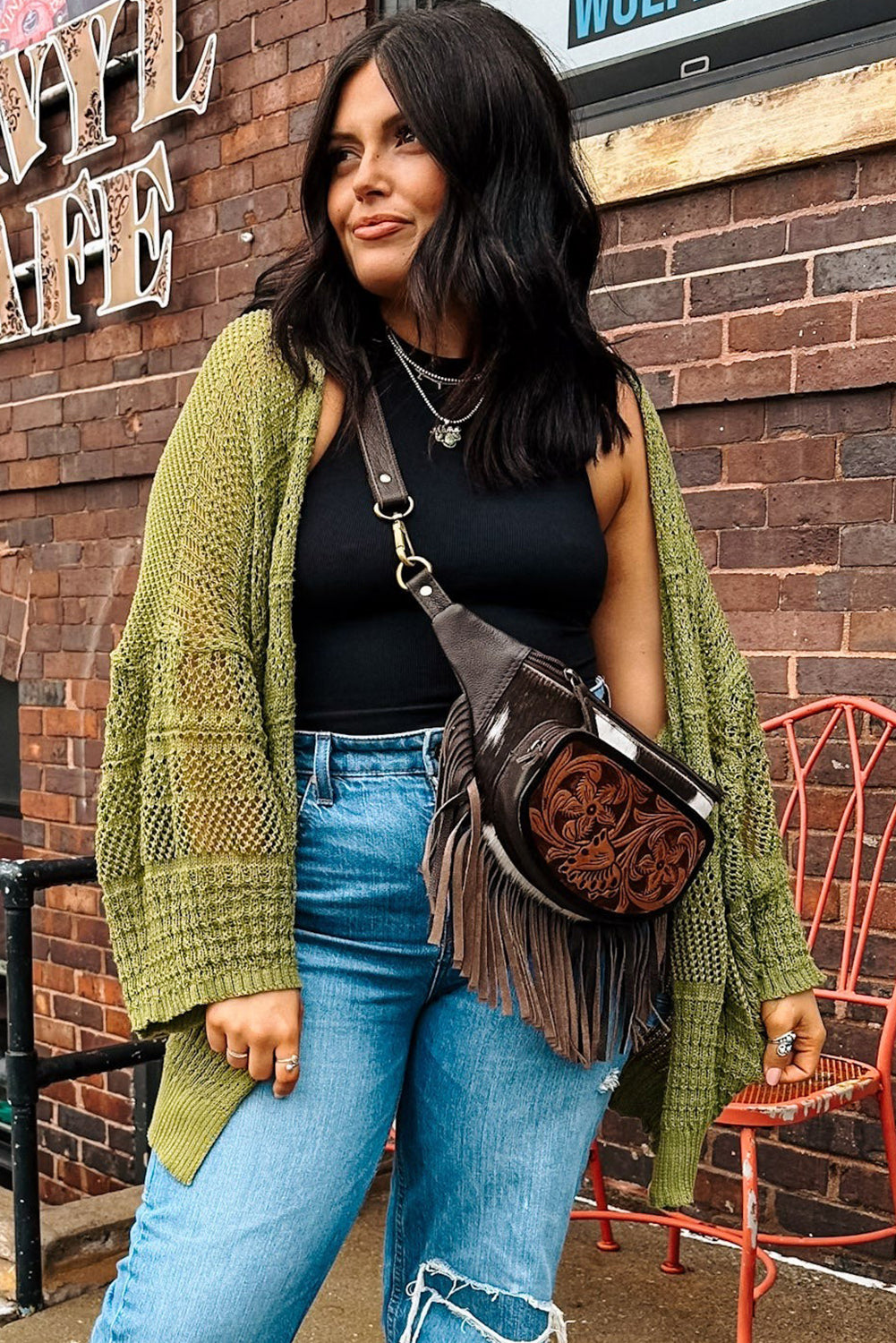 Women’s Fall Cardigan | Oversized Spinach Green Crochet Knit Open Front Sweater