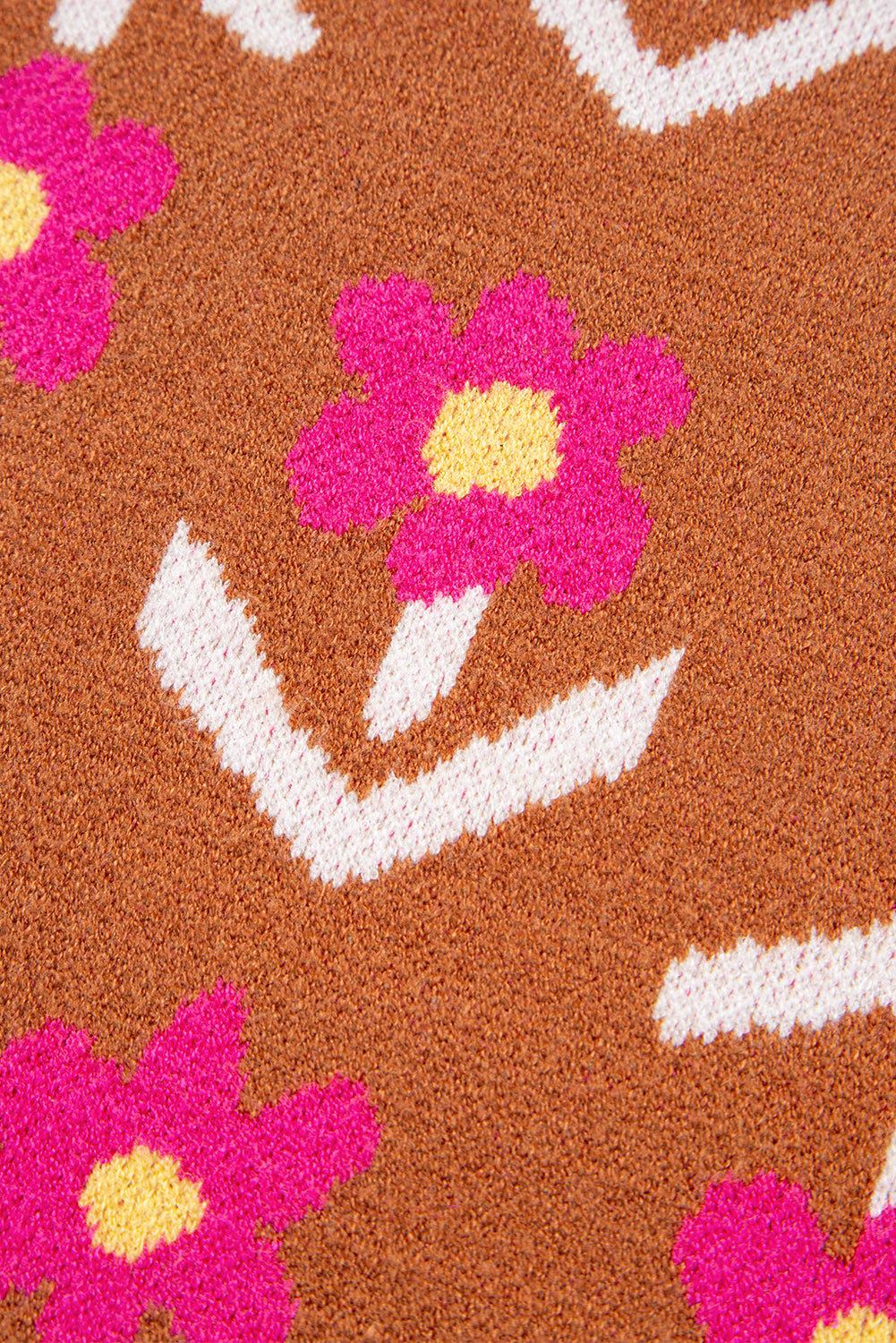Women’s Fall Floral Sweater | Brown &amp; Pink Short Puff Sleeve Knit Top