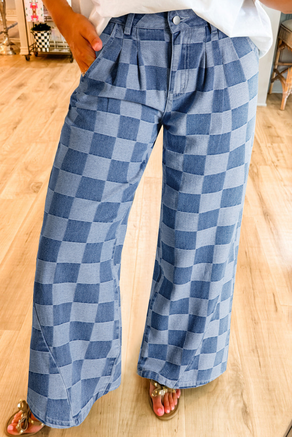 Blue Checkered Wide Leg Jeans – Retro Plaid Denim Pants, Women’s Casual High Waist Wide Leg Jeans with Pleats