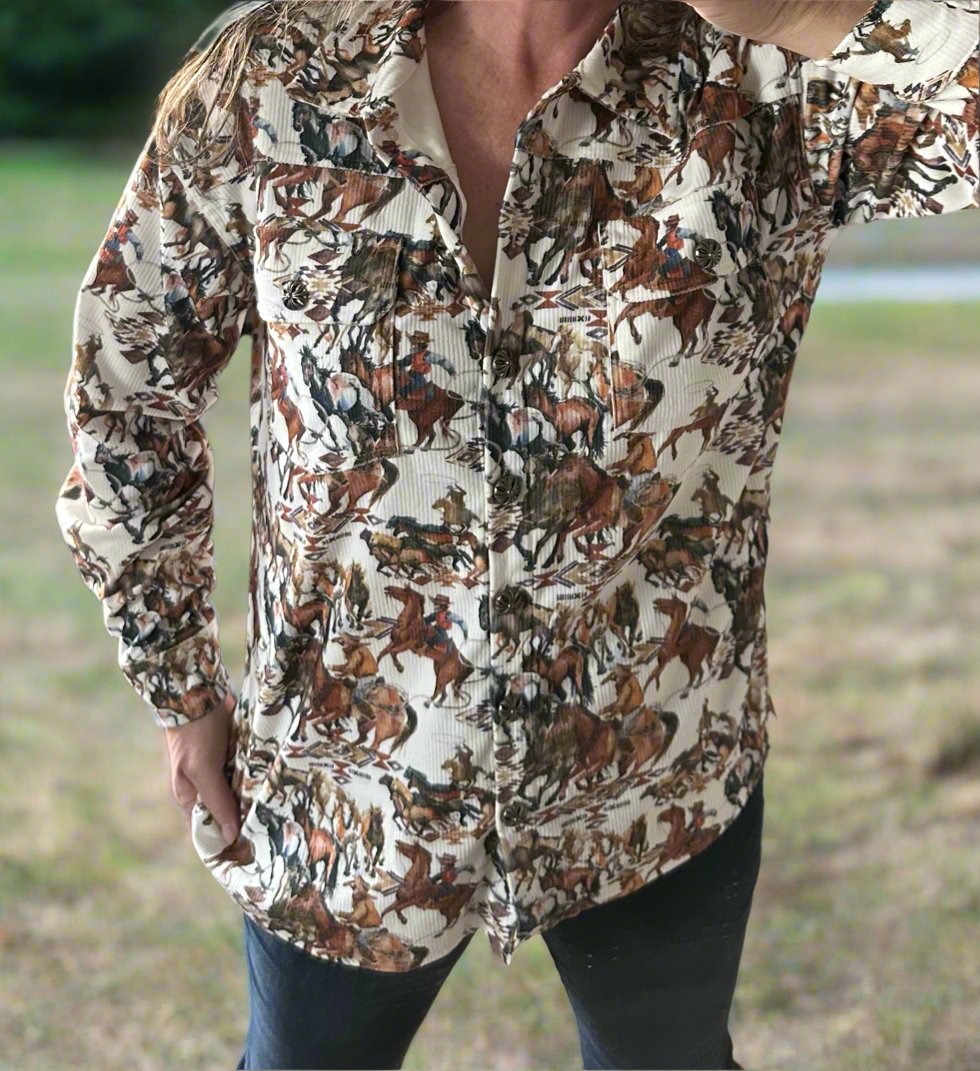 Fall Cowgirl Button Up Shirt, Western Fall Shirt, Rodeo Cowboy Print Corduroy Shirt Jacket - Razels