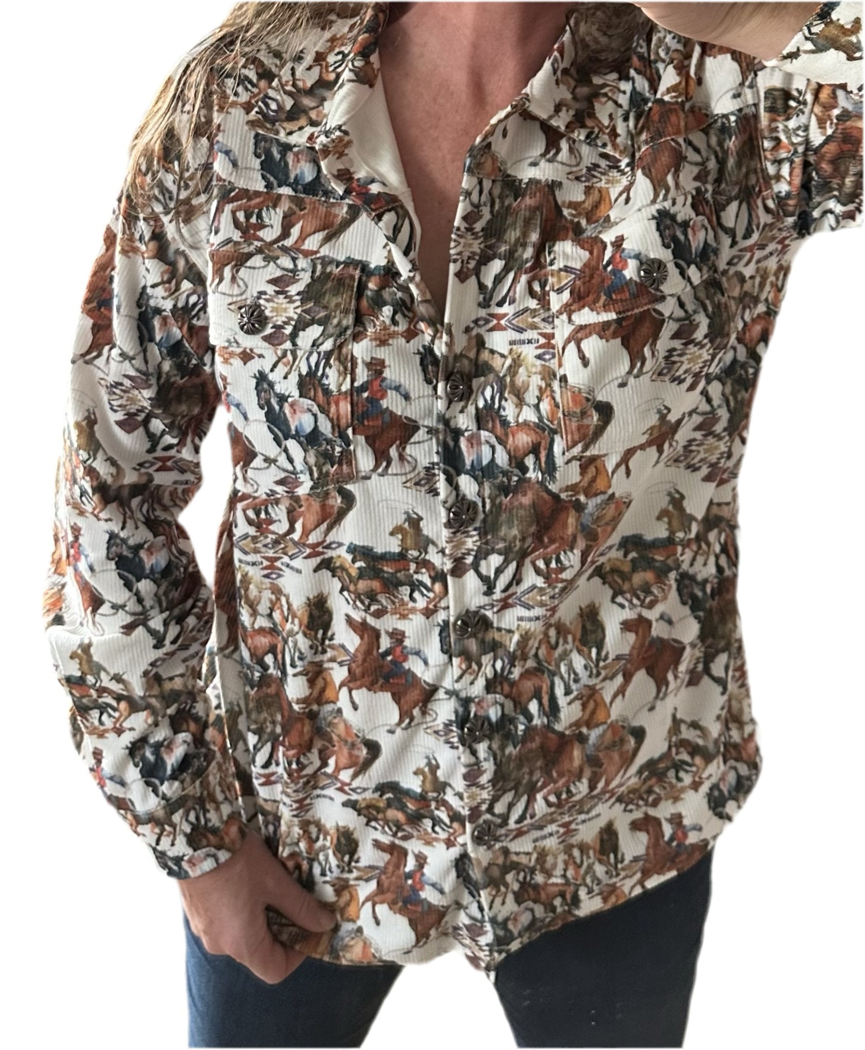 Fall Cowgirl Button Up Shirt, Western Fall Shirt, Rodeo Cowboy Print Corduroy Shirt Jacket - Razels