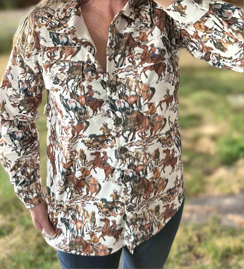 Fall Cowgirl Button Up Shirt, Western Fall Shirt, Rodeo Cowboy Print Corduroy Shirt Jacket - Razels