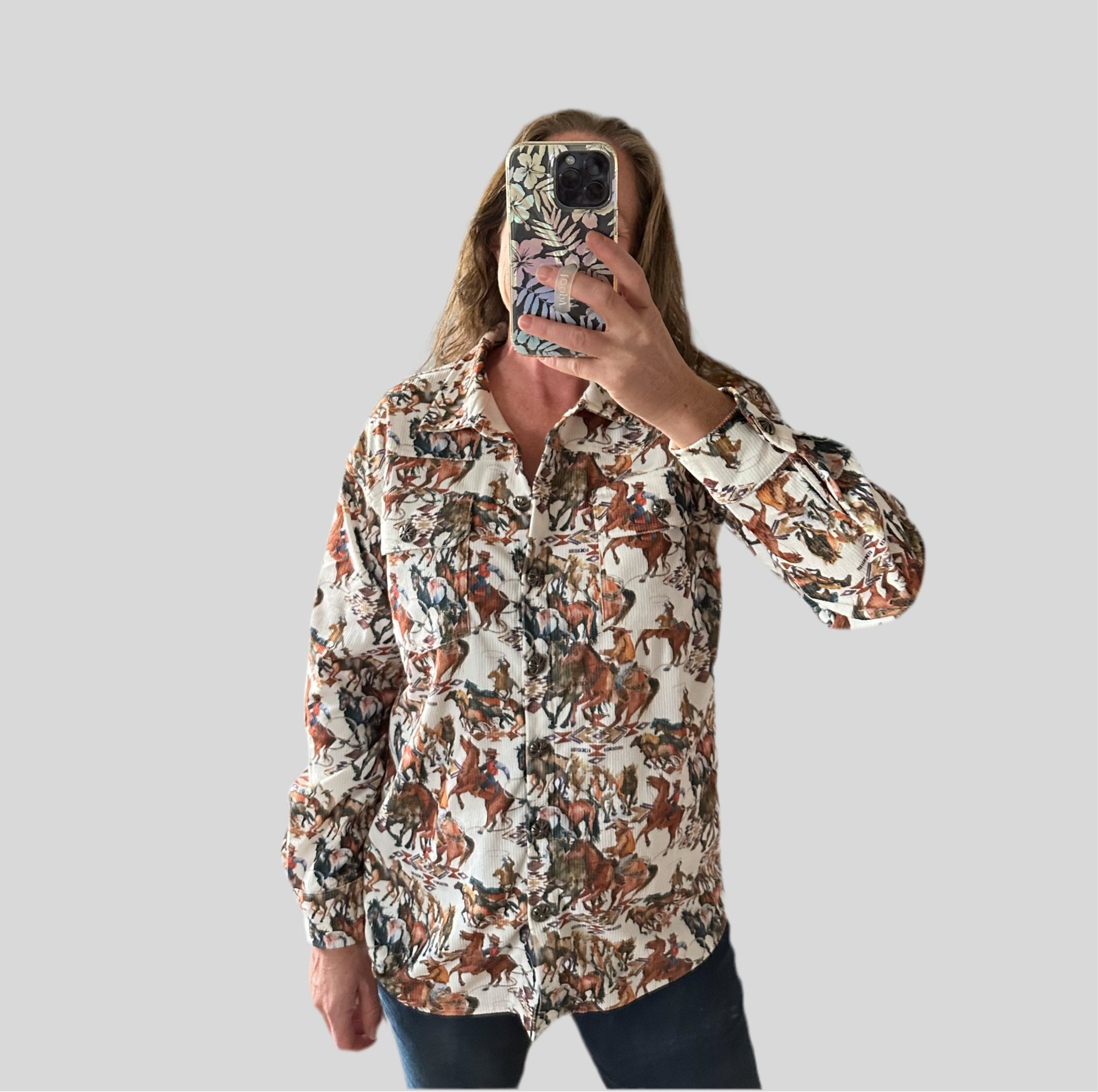 Fall Cowgirl Button Up Shirt, Western Fall Shirt, Rodeo Cowboy Print Corduroy Shirt Jacket - Razels