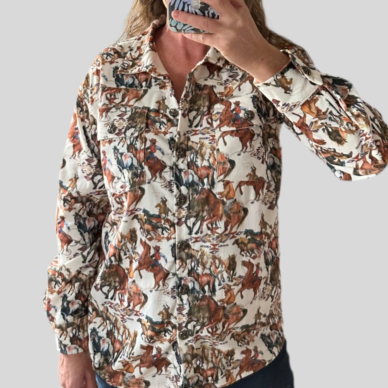 Fall Cowgirl Button Up Shirt, Western Fall Shirt, Rodeo Cowboy Print Corduroy Shirt Jacket - Razels