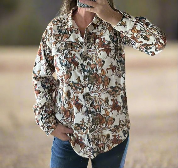 Fall Cowgirl Button Up Shirt, Western Fall Shirt, Rodeo Cowboy Print Corduroy Shirt Jacket - Razels