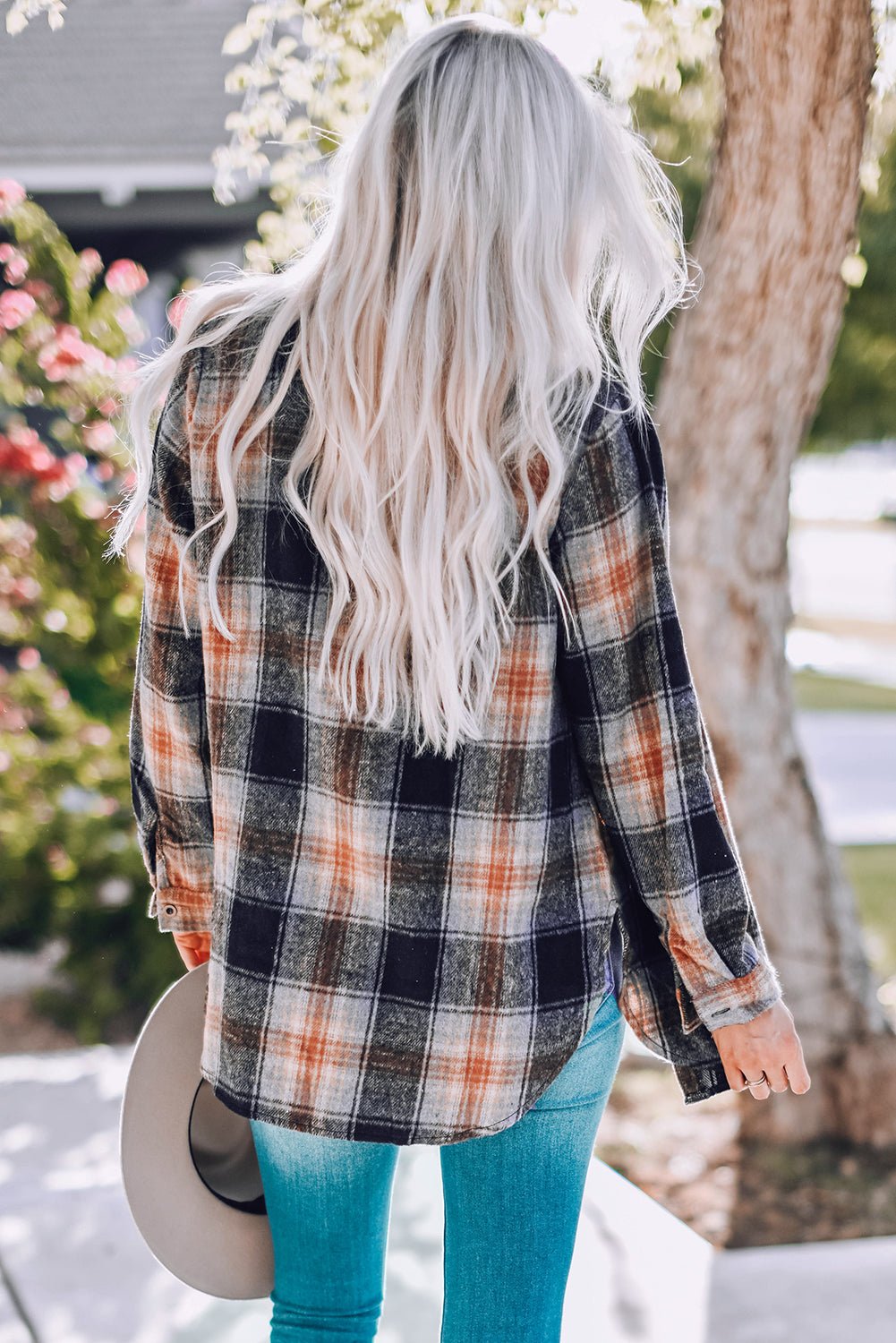 Fall Plaid Button UP, Black Oversize Rounded Hem Plaid Shacket with Slits - Razels