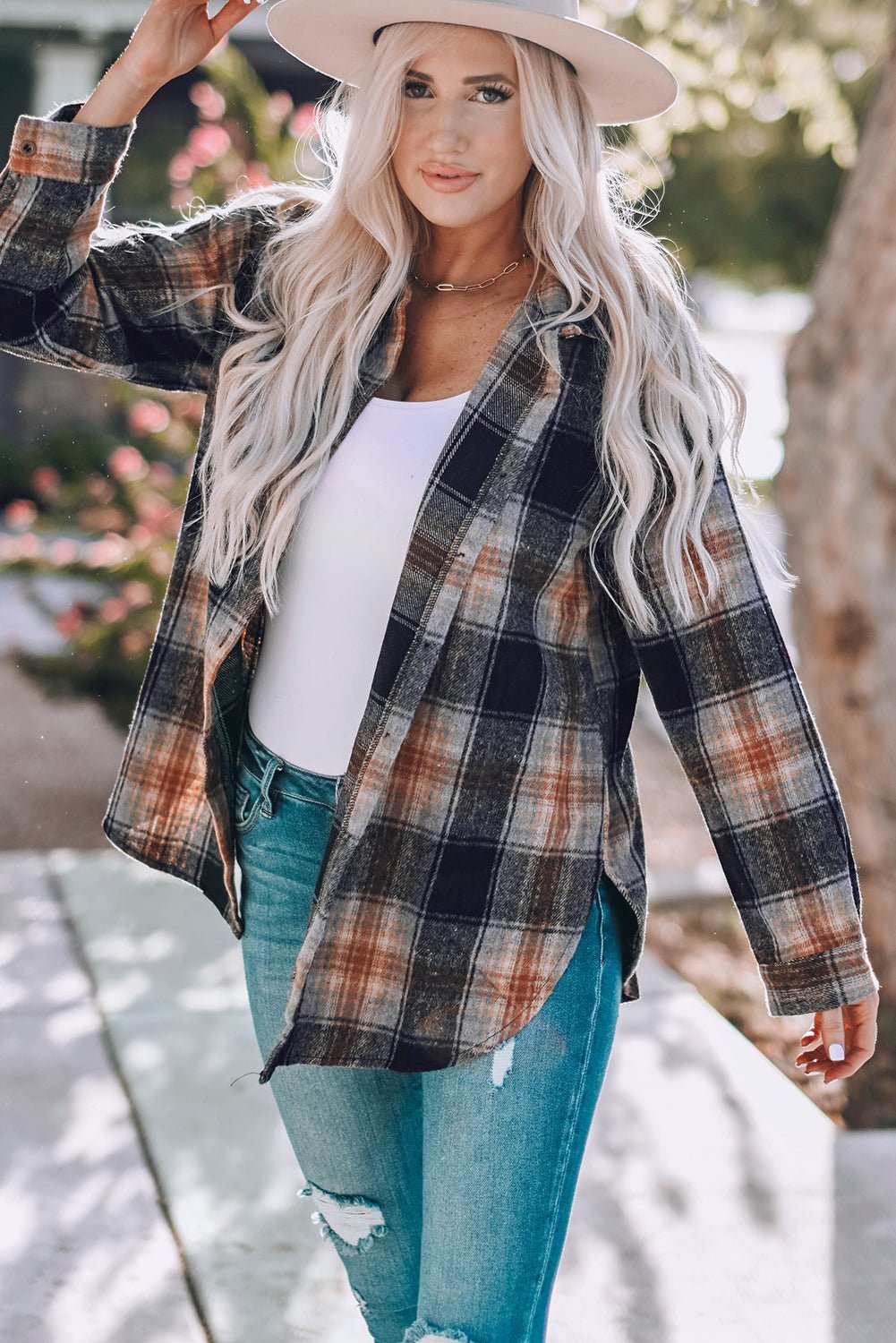 Fall Plaid Button UP, Black Oversize Rounded Hem Plaid Shacket with Slits - Razels