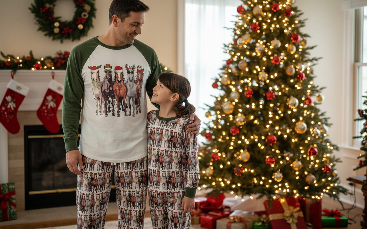 Father and daughter in matching pajamas standing in front of a Christmas tree and fireplace.