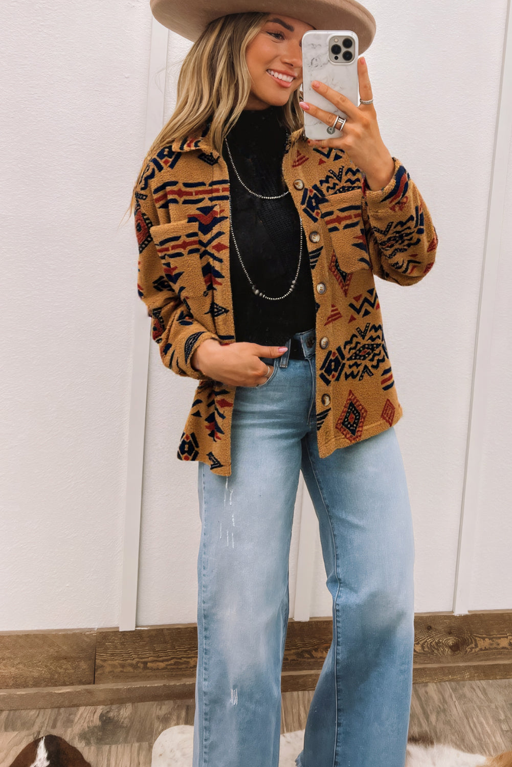 Khaki Aztec Fleece Shacket – Western Button Front Jacket Shirt with Pockets, Cozy Fall & Winter Layering Top