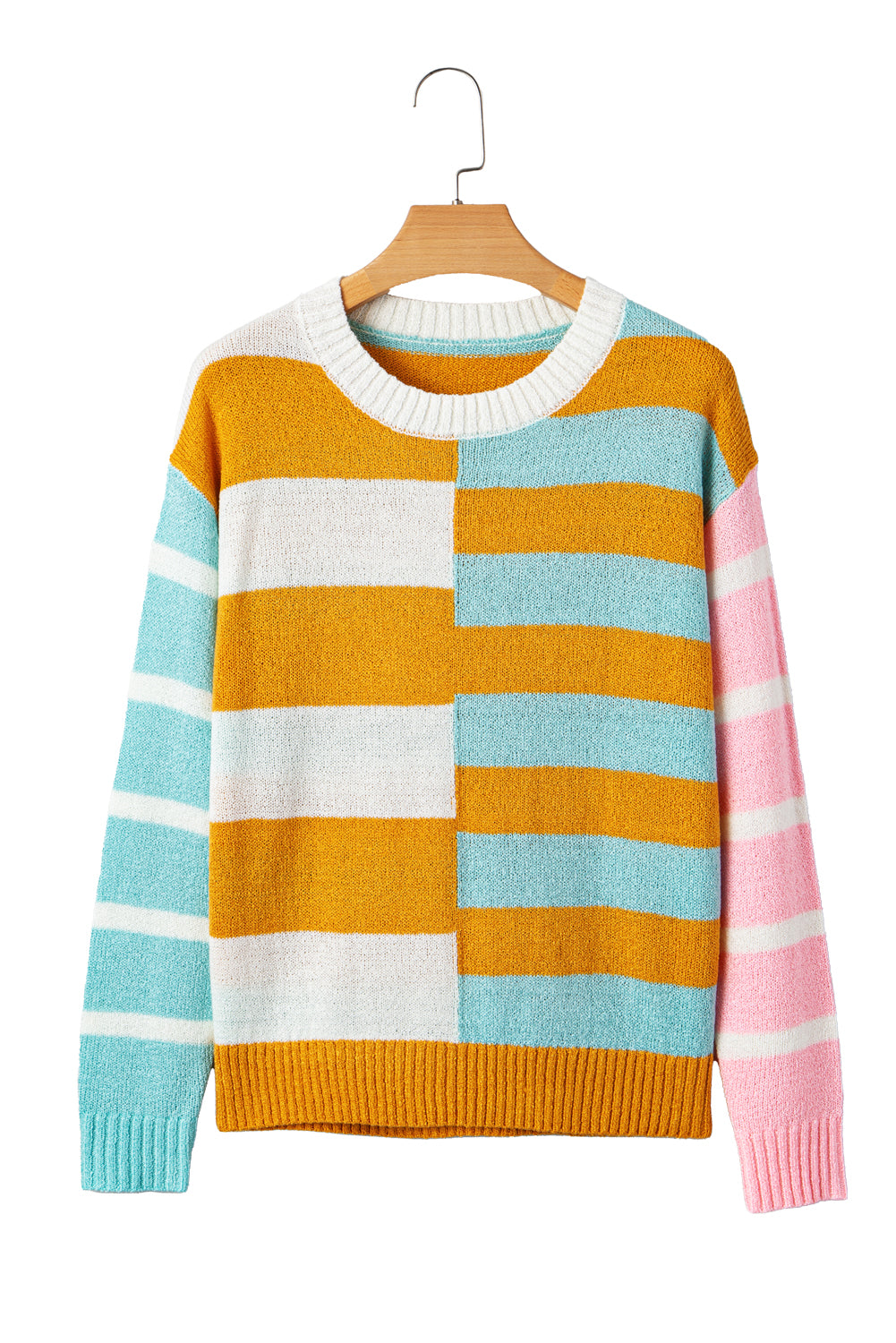 Gold Color Block Striped Sweater – Women’s Knit Crew Neck Pullover, Trendy Fall Oversized Stripe Boutique Sweater Top