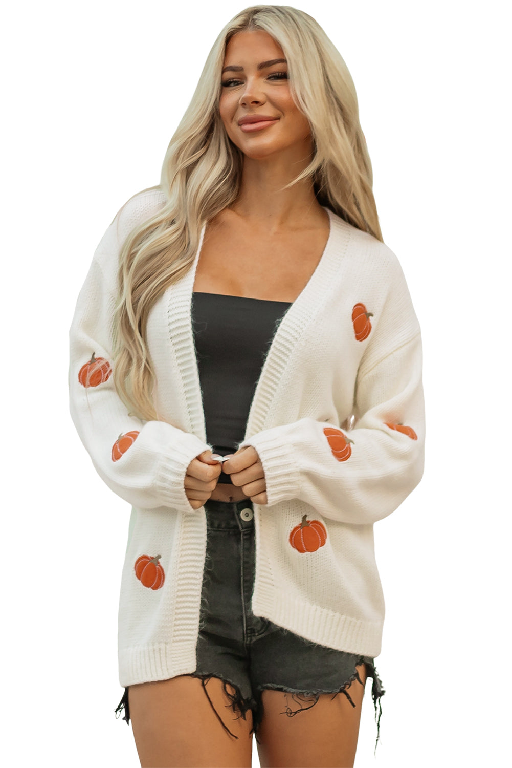 White Pumpkin Print Cardigan – Women’s Open Front Midi Sweater, Drop Shoulder Knit Fall Outfit Layering Piece