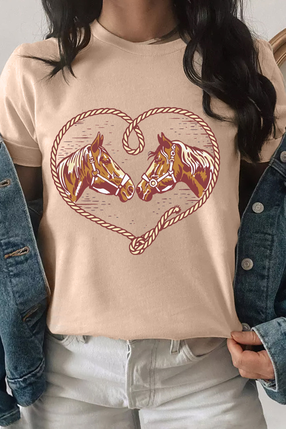 Western Horse Graphic T-Shirt | Cowgirl Casual Tee with Heart Rope Design